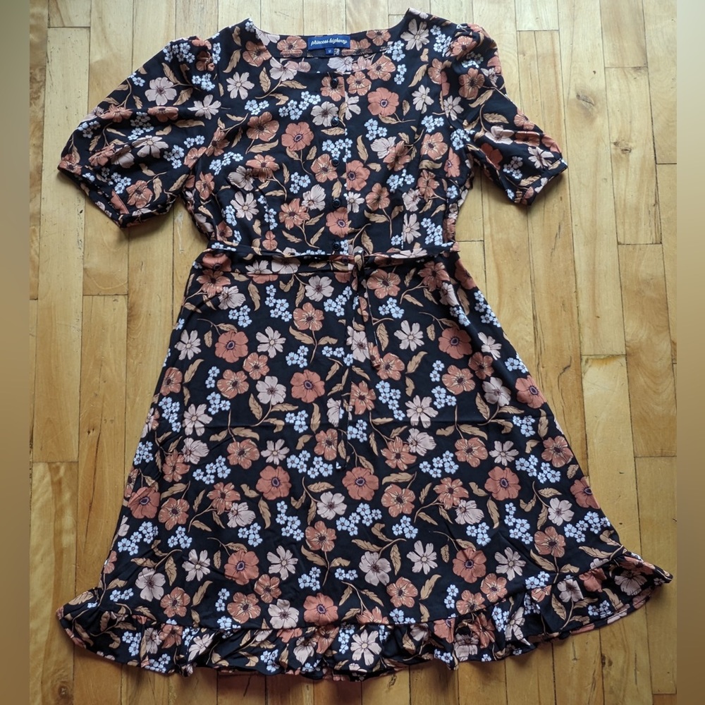Princess Highway Floral Dress, AU Size 12 black, brown & white